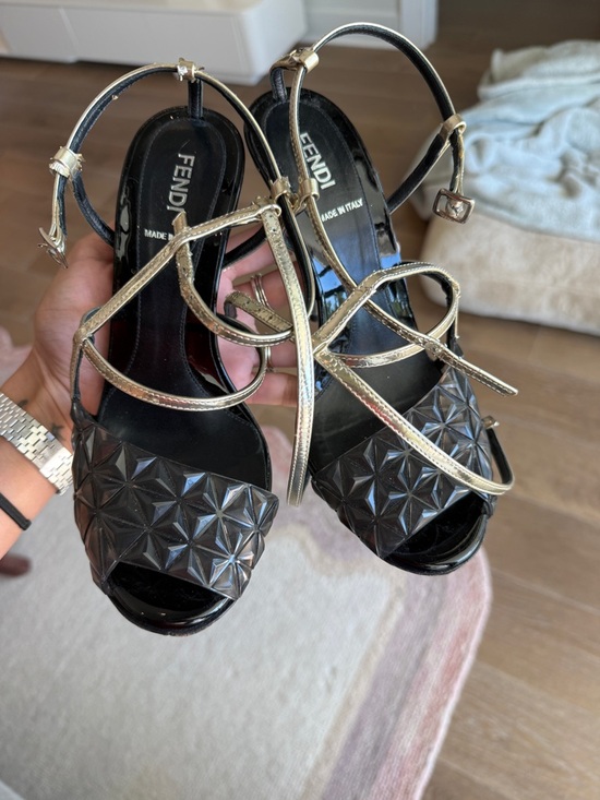 Fendi Shoes - Fendi Black Patent Heels with Silver Metallic Straps